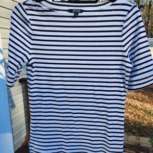 LRL Ralph Lauren Woman's Medium Striped Boat Neck Tee White Black Cuffed Sleeve